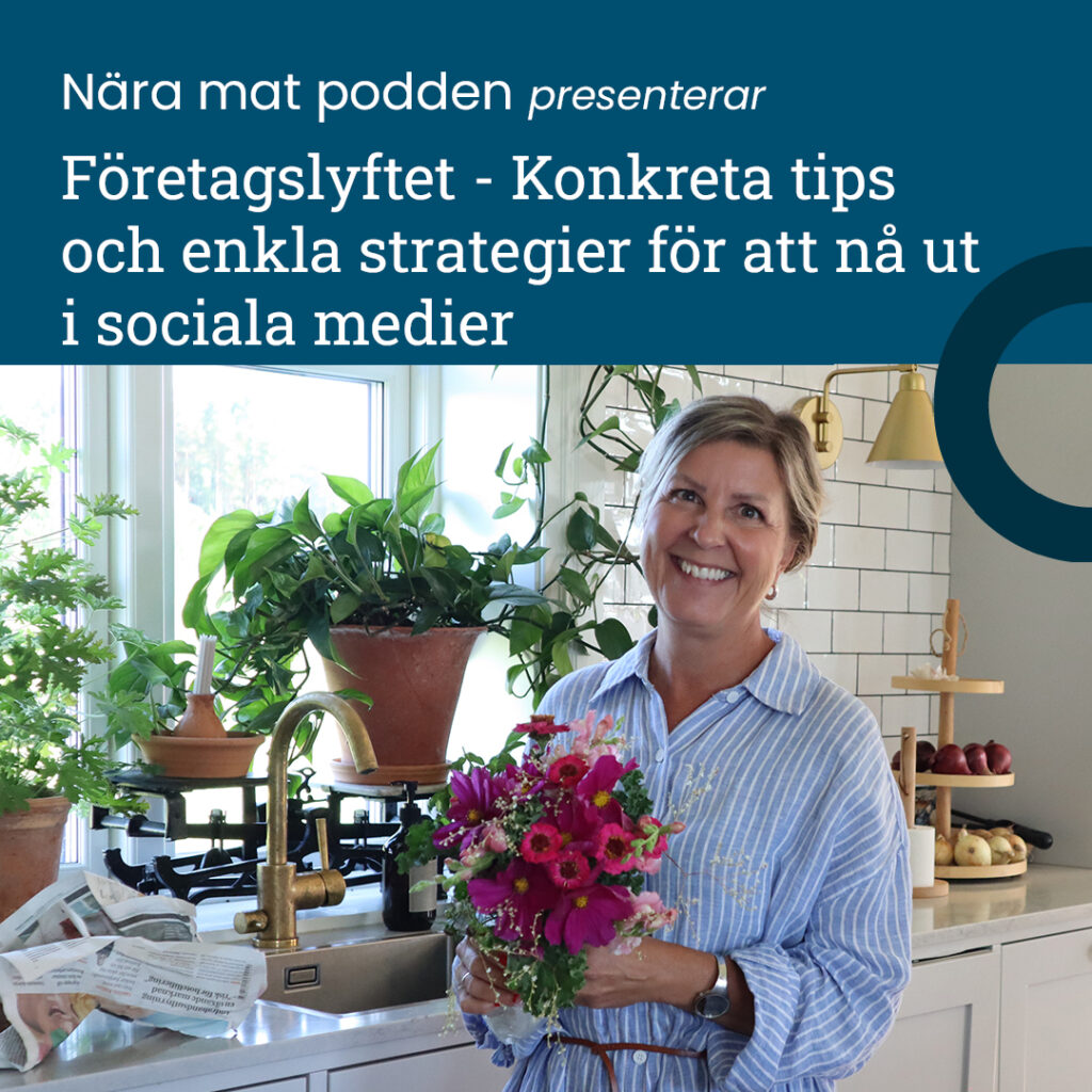 Bild av leende kvinna. Text i bild: Näramatpodden presenterar företagslyftet: Konkreta tips och enkla strategier för att nå ut i sociala medier.